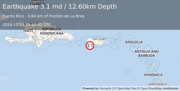 Earthquake PUERTO RICO REGION (3.1 md) (2024-12-03 15:48:42 UTC)