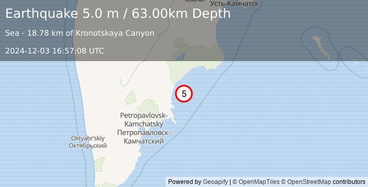 Earthquake NEAR EAST COAST OF KAMCHATKA (5.0 m) (2024-12-03 16:57:08 UTC)