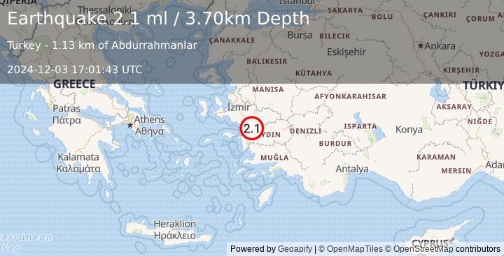 Earthquake WESTERN TURKEY (2.1 ml) (2024-12-03 17:01:43 UTC)