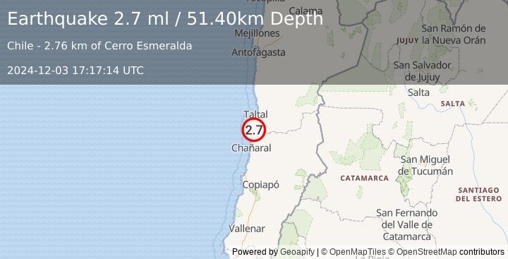 Earthquake ANTOFAGASTA, CHILE (2.7 ml) (2024-12-03 17:17:14 UTC)