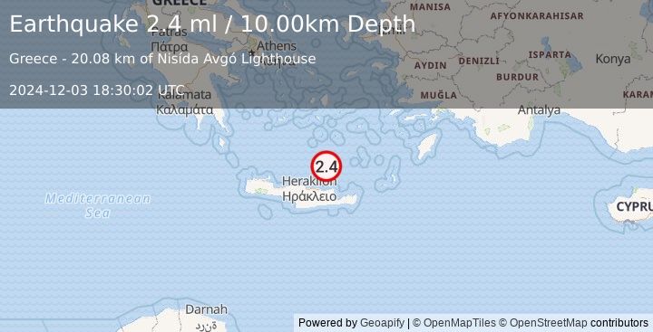 Earthquake CRETE, GREECE (2.4 ml) (2024-12-03 18:30:02 UTC)