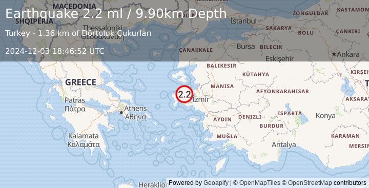 Earthquake NEAR THE COAST OF WESTERN TURKEY (2.2 ml) (2024-12-03 18:46:52 UTC)