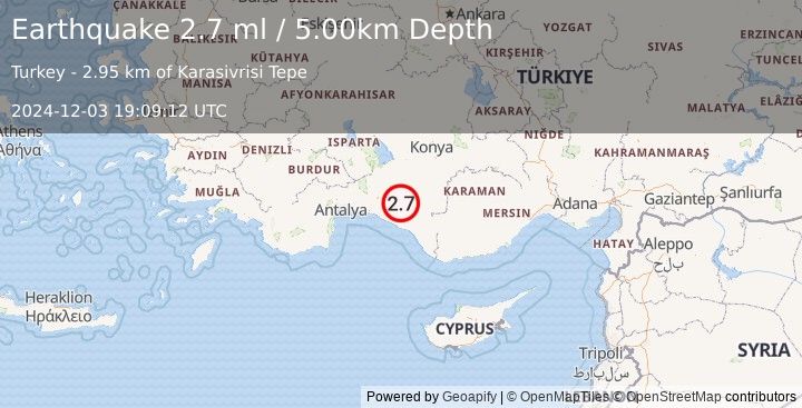 Earthquake WESTERN TURKEY (2.7 ml) (2024-12-03 19:09:12 UTC)