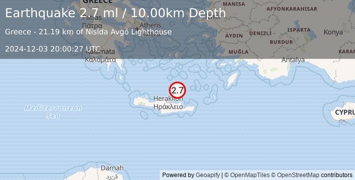 Earthquake CRETE, GREECE (2.7 ml) (2024-12-03 20:00:27 UTC)