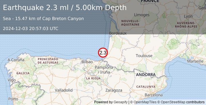 Earthquake PYRENEES (2.3 ml) (2024-12-03 20:57:03 UTC)