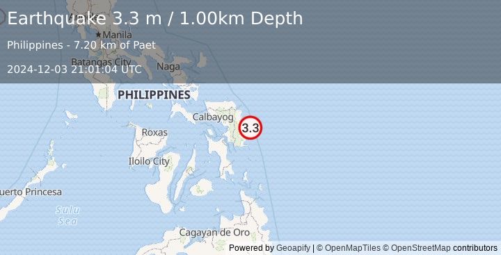 Earthquake SAMAR, PHILIPPINES (3.3 m) (2024-12-03 21:01:04 UTC)