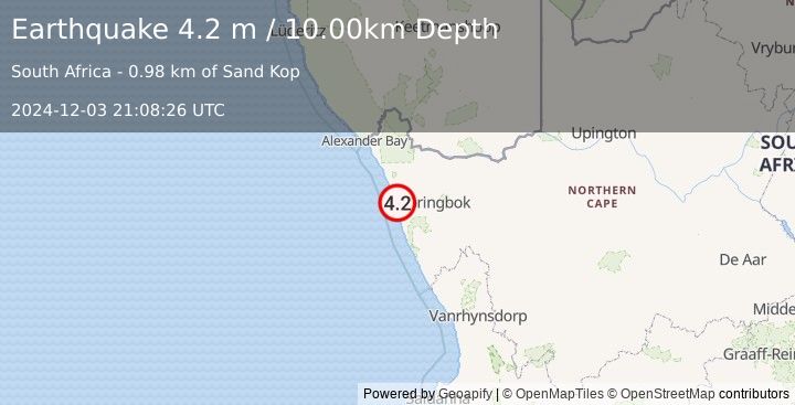 Earthquake SOUTH AFRICA (4.2 m) (2024-12-03 21:08:26 UTC)