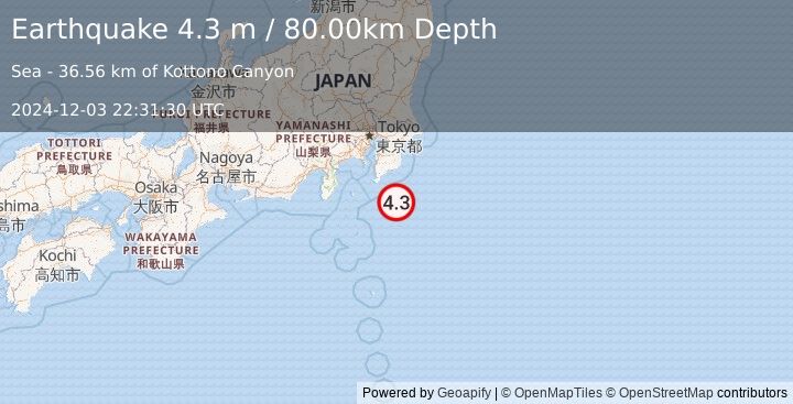 Earthquake NEAR EAST COAST OF HONSHU, JAPAN (4.3 m) (2024-12-03 22:31:30 UTC)