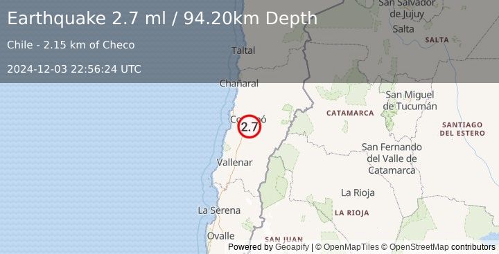 Earthquake ATACAMA, CHILE (2.7 ml) (2024-12-03 22:56:24 UTC)