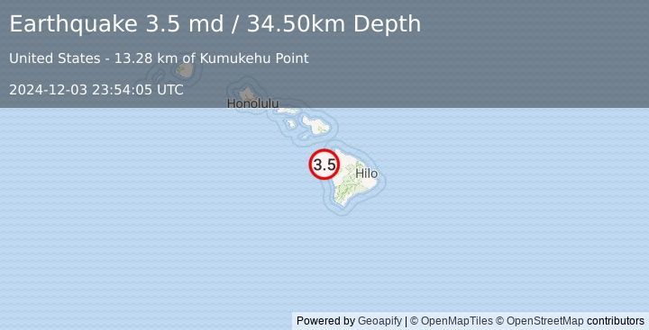 Earthquake HAWAII REGION, HAWAII (3.5 md) (2024-12-03 23:54:05 UTC)