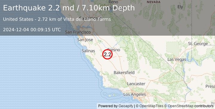 Earthquake CENTRAL CALIFORNIA (2.2 md) (2024-12-04 00:09:15 UTC)