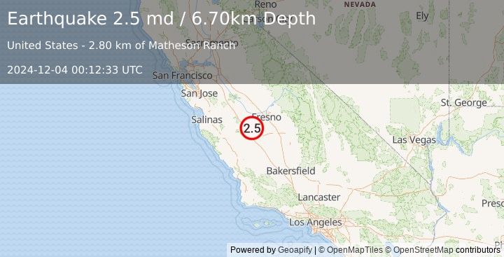 Earthquake CENTRAL CALIFORNIA (2.5 md) (2024-12-04 00:12:33 UTC)