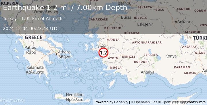 Earthquake WESTERN TURKEY (1.2 ml) (2024-12-04 00:23:44 UTC)