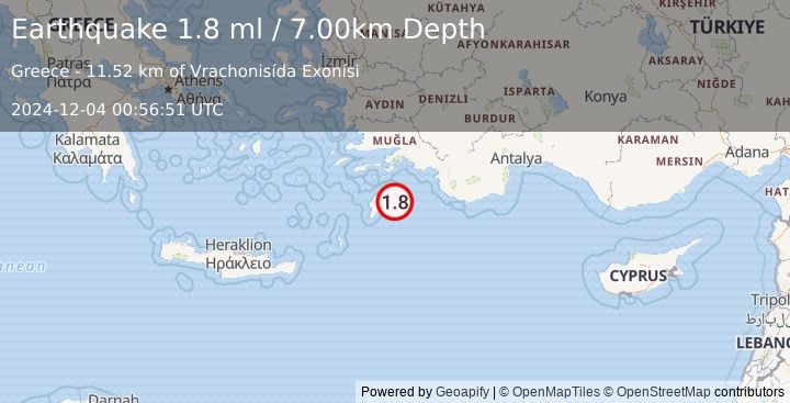 Earthquake DODECANESE IS.-TURKEY BORDER REG (1.8 ml) (2024-12-04 00:56:51 UTC)