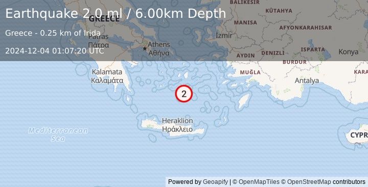 Earthquake DODECANESE ISLANDS, GREECE (2.0 ml) (2024-12-04 01:07:20 UTC)