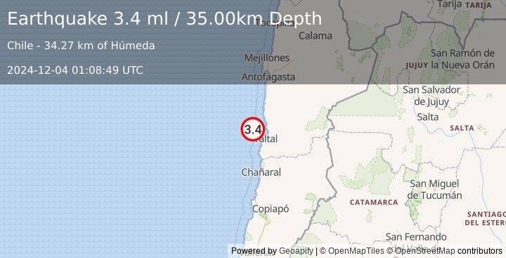 Earthquake OFFSHORE ANTOFAGASTA, CHILE (3.4 ml) (2024-12-04 01:08:49 UTC)