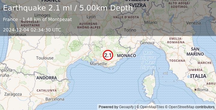 Earthquake NEAR SOUTH COAST OF FRANCE (2.1 ml) (2024-12-04 02:34:30 UTC)