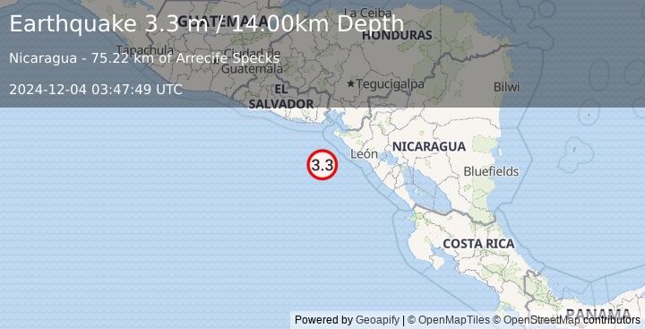 Earthquake NEAR COAST OF NICARAGUA (3.3 m) (2024-12-04 03:47:49 UTC)