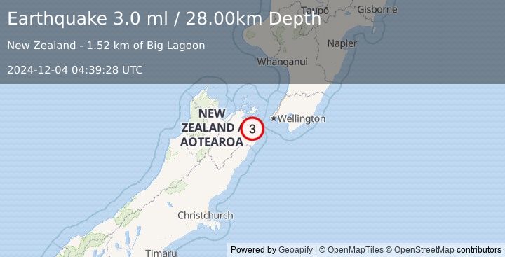 Earthquake COOK STRAIT, NEW ZEALAND (3.0 ml) (2024-12-04 04:39:28 UTC)