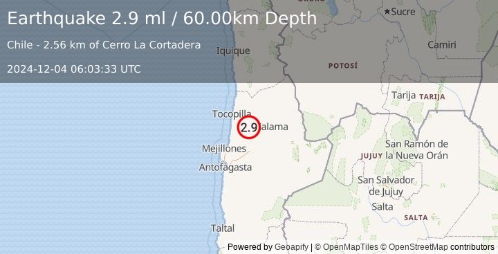 Earthquake ANTOFAGASTA, CHILE (2.9 ml) (2024-12-04 06:03:33 UTC)