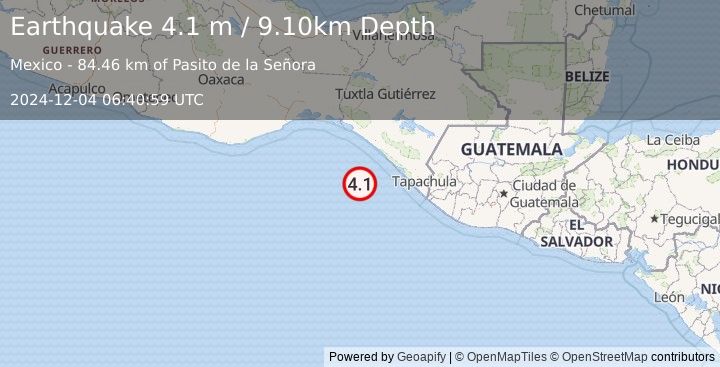 Earthquake OFFSHORE CHIAPAS, MEXICO (4.1 m) (2024-12-04 06:40:59 UTC)