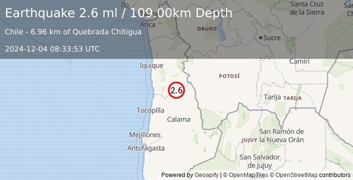 Earthquake TARAPACA, CHILE (2.6 ml) (2024-12-04 08:33:53 UTC)