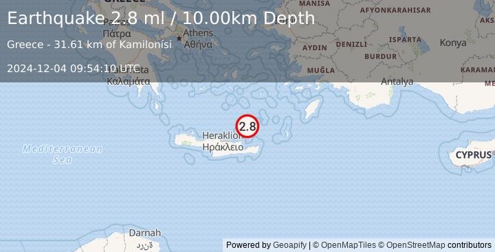 Earthquake CRETE, GREECE (2.8 ml) (2024-12-04 09:54:10 UTC)