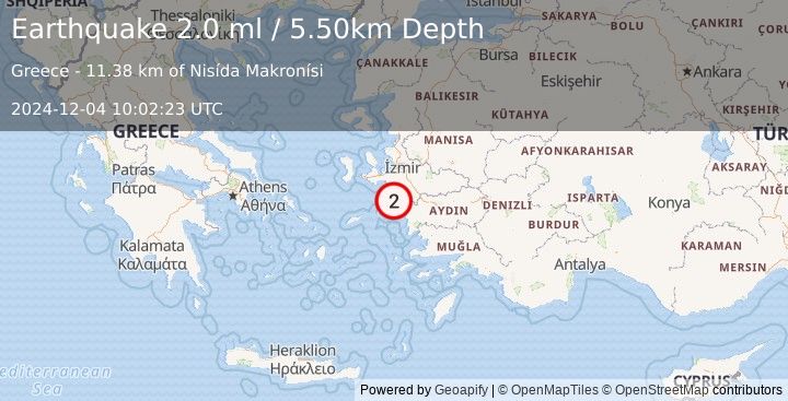 Earthquake DODECANESE ISLANDS, GREECE (2.0 ml) (2024-12-04 10:02:23 UTC)