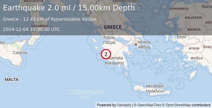 Earthquake SOUTHERN GREECE (2.0 ml) (2024-12-04 10:30:40 UTC)