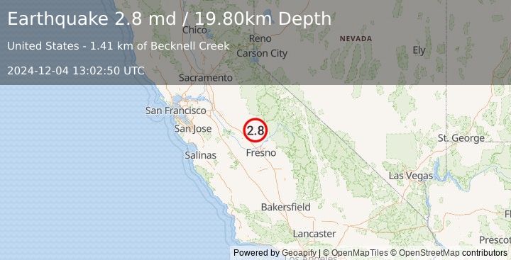 Earthquake CENTRAL CALIFORNIA (2.8 md) (2024-12-04 13:02:50 UTC)