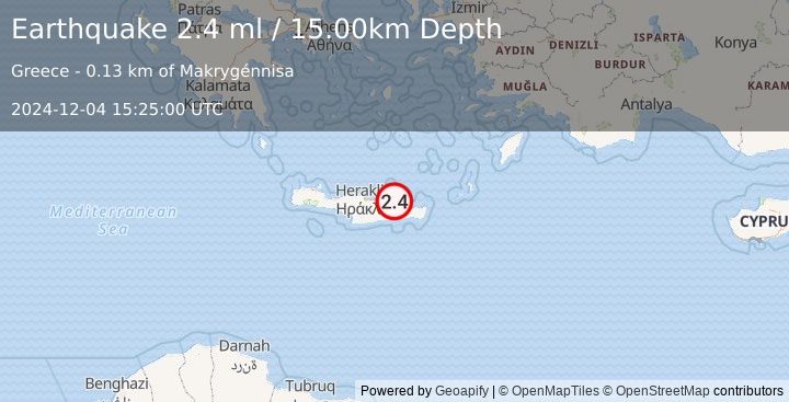 Earthquake CRETE, GREECE (2.4 ml) (2024-12-04 15:25:00 UTC)