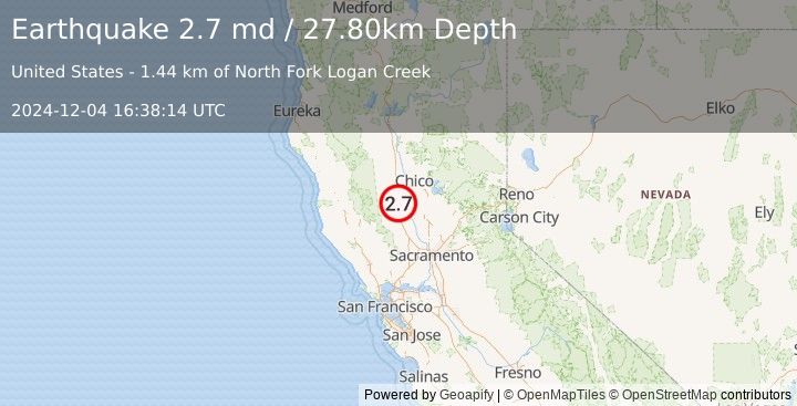 Earthquake NORTHERN CALIFORNIA (2.7 md) (2024-12-04 16:38:14 UTC)