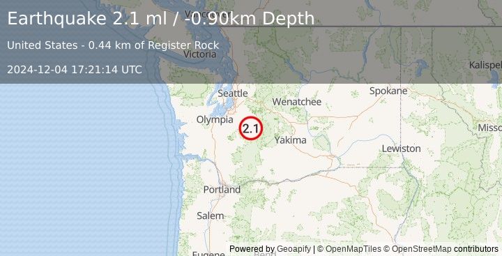 Earthquake MOUNT RAINIER AREA, WASHINGTON (2.1 ml) (2024-12-04 17:21:14 UTC)