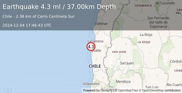 Earthquake COQUIMBO, CHILE (4.3 ml) (2024-12-04 17:46:43 UTC)