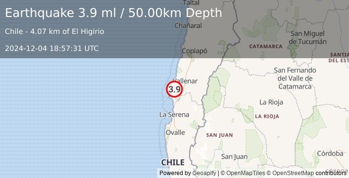 Earthquake ATACAMA, CHILE (3.7 ml) (2024-12-04 18:57:29 UTC)