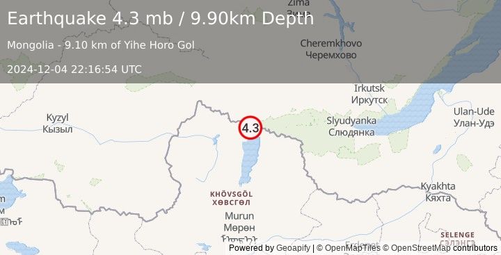 Earthquake RUSSIA-MONGOLIA BORDER REGION (4.3 mb) (2024-12-04 22:16:54 UTC)