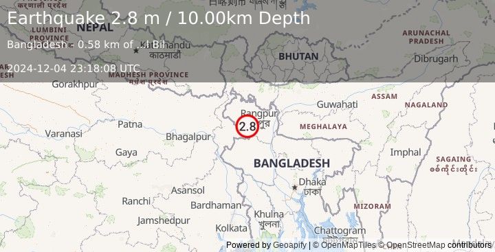 Earthquake INDIA-BANGLADESH BORDER REGION (2.8 m) (2024-12-04 23:18:08 UTC)