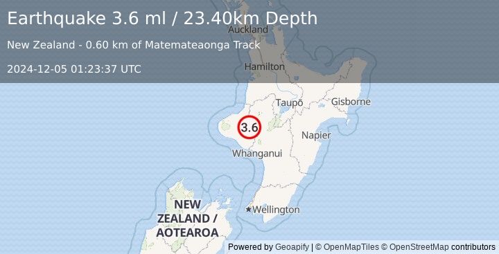 Earthquake NORTH ISLAND OF NEW ZEALAND (3.6 ml) (2024-12-05 01:23:37 UTC)