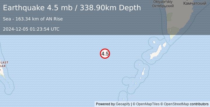 Earthquake NORTHWEST OF KURIL ISLANDS (4.5 mb) (2024-12-05 01:23:54 UTC)