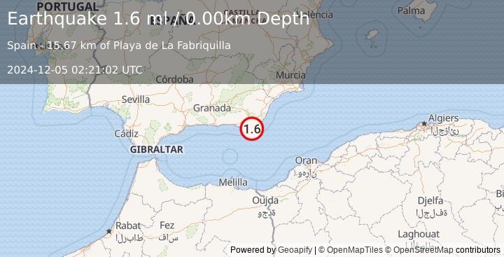 Earthquake STRAIT OF GIBRALTAR (1.6 ml) (2024-12-05 02:21:02 UTC)