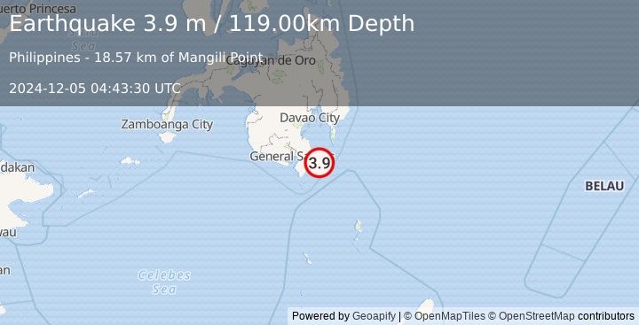 Earthquake MINDANAO, PHILIPPINES (3.9 m) (2024-12-05 04:43:30 UTC)