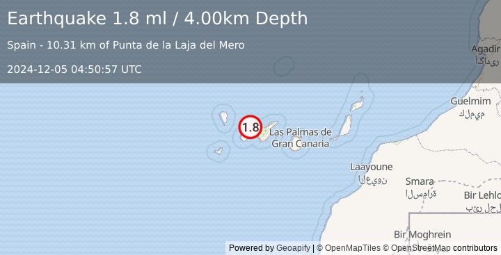 Earthquake CANARY ISLANDS, SPAIN REGION (1.8 ml) (2024-12-05 04:50:57 UTC)