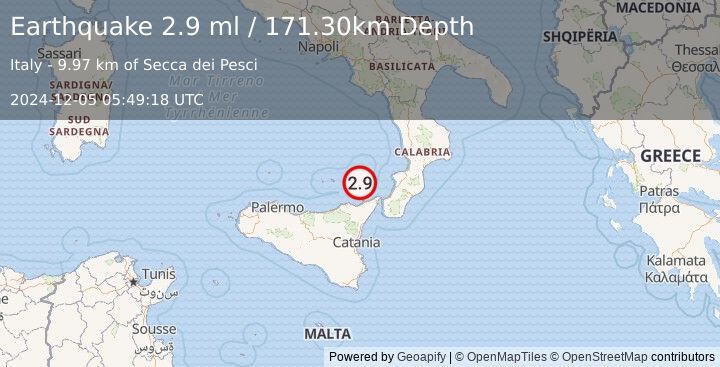 Earthquake SICILY, ITALY (2.9 ml) (2024-12-05 05:49:18 UTC)