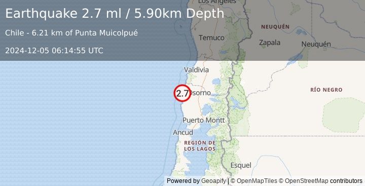 Earthquake OFFSHORE LOS LAGOS, CHILE (2.7 ml) (2024-12-05 06:14:55 UTC)