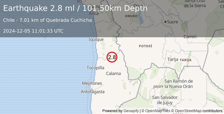 Earthquake ANTOFAGASTA, CHILE (2.8 ml) (2024-12-05 11:01:33 UTC)