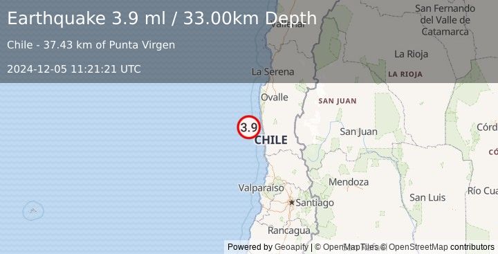 Earthquake OFFSHORE COQUIMBO, CHILE (3.9 ml) (2024-12-05 11:21:21 UTC)