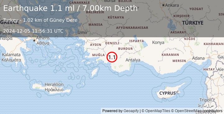 Earthquake WESTERN TURKEY (1.1 ml) (2024-12-05 11:56:31 UTC)