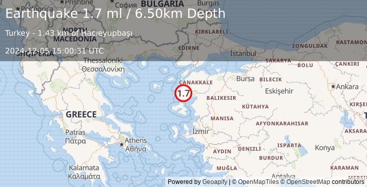 Earthquake NEAR THE COAST OF WESTERN TURKEY (1.7 ml) (2024-12-05 15:00:31 UTC)