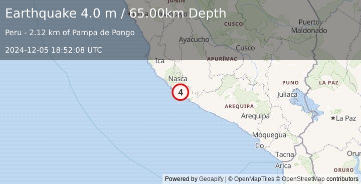 Earthquake NEAR COAST OF SOUTHERN PERU (4.0 m) (2024-12-05 18:52:08 UTC)