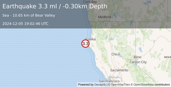 Earthquake OFFSHORE NORTHERN CALIFORNIA (3.3 ml) (2024-12-05 19:02:46 UTC)